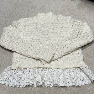 Rebecca Taylor Cream Knit Sweater with Lace Detail